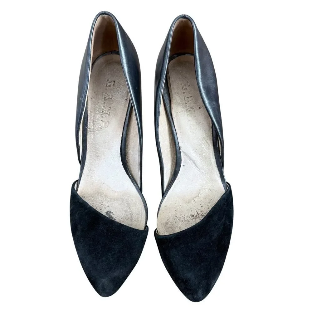 L.A.M.B. LAMB Heels Black Leather Suede Pointed Toes Shoes Womens 7.5M